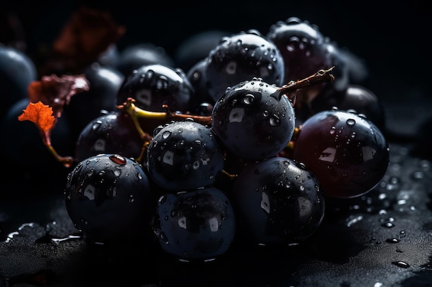 Une grappe de raisin avec des gouttes de pluie dessus