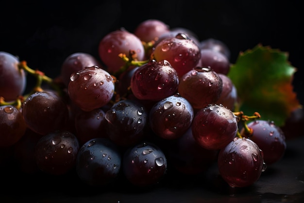 Une grappe de raisin avec des gouttes de pluie sur le dessus