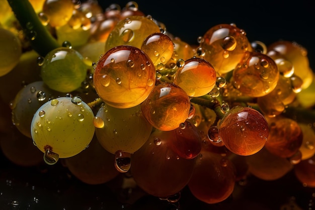 Une grappe de raisin avec des gouttes de pluie dessus