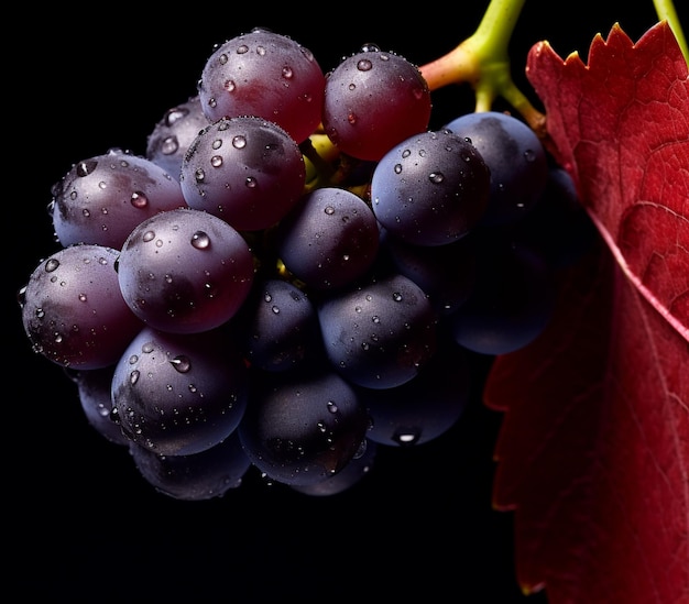 Une grappe de raisin noir avec des gouttes d'eau