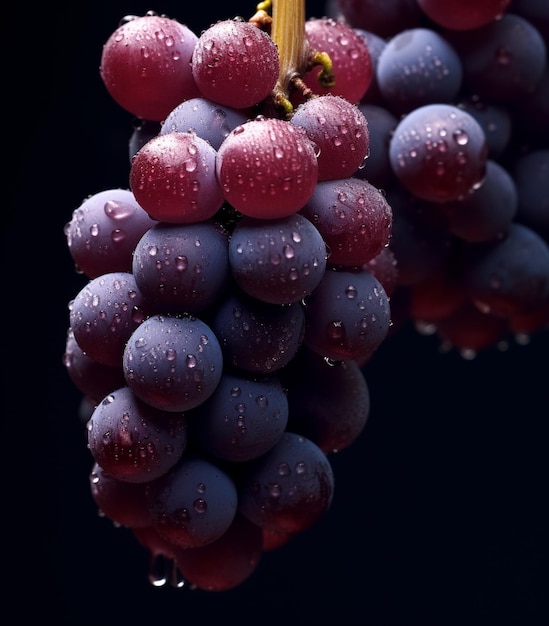 Une grappe de raisin noir avec des gouttes d'eau