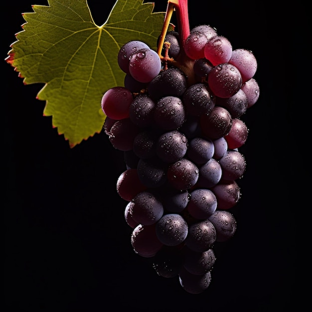 Une grappe de raisin noir avec des gouttes d'eau