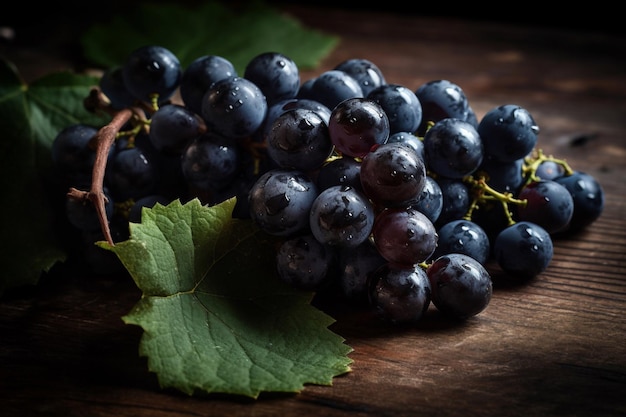 Une grappe de raisin sur une table en bois