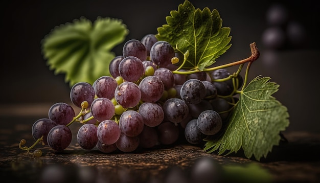 Une grappe de raisin sur une table avec des feuilles