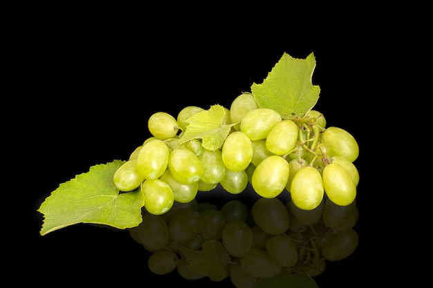 Grappe de raisins blancs sur fond noir avec reflet