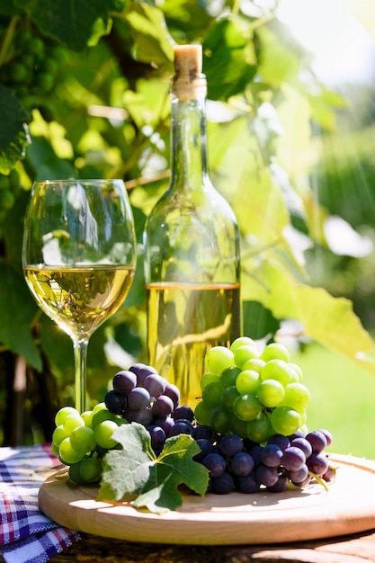 Grappe de raisins frais à côté de vin blanc dans une bouteille et un verre à vin dans le vignoble rustique