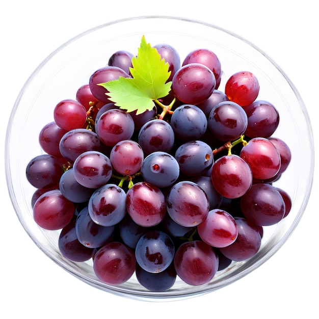 Une grappe de raisins rouges bouffants dans un bol de verre clair vu d'un angle élevé avec quelques feuilles éparpillées