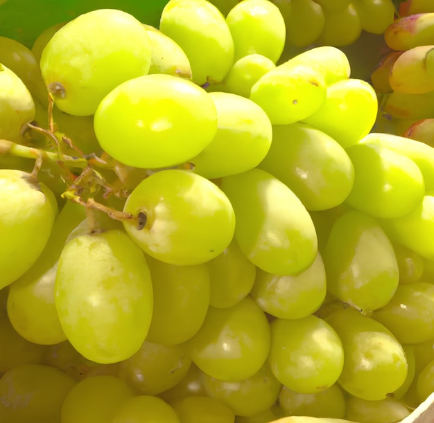 Une grappe de raisins verts sont dans un récipient vert.