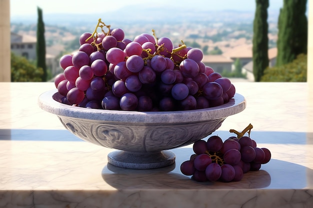 Une grappe de raisins violets sur un papier peint de piédestal en pierre