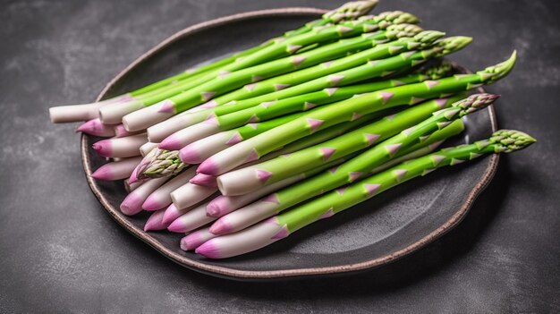 Des grappes d'asperges vertes, violettes et blanches fraîches