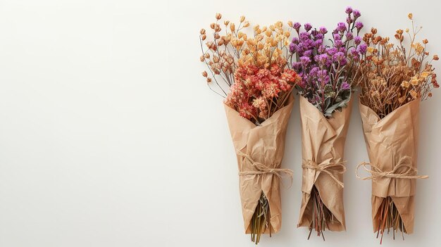 Les grappes de fleurs séchées et d'herbes emballées sur un décor blanc et un grand espace de copie IA générative