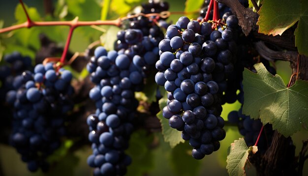 Des grappes mûres sont accrochées au vignoble. Récolte d'automne générée par l'IA