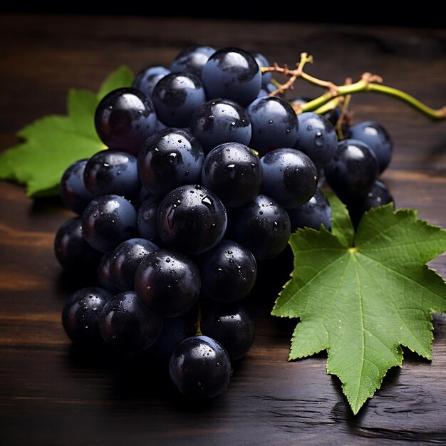 Grappes noires fraîches Fruits mûrs Raisin noir sur fond de bois