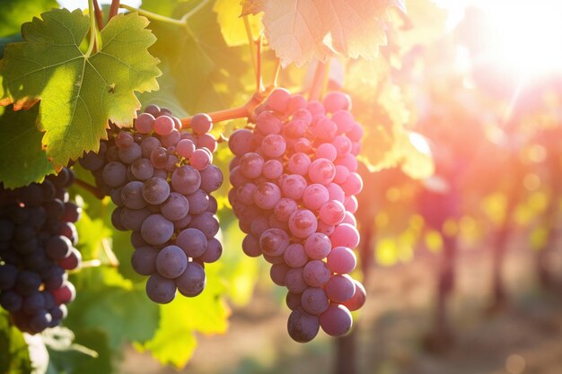 Des grappes de raisins mûrs éclairées par le soleil dans une vigne avec un vigneron flou à l'arrière-plan