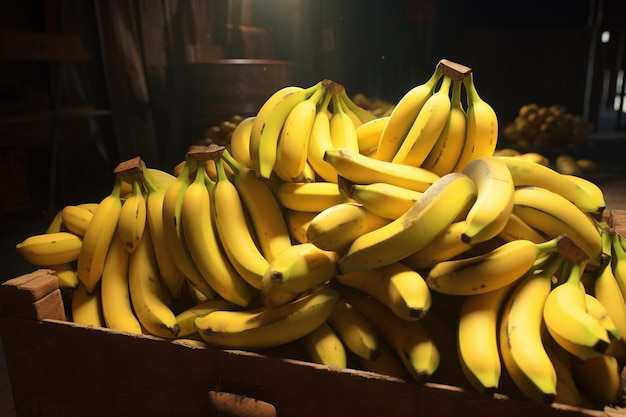 Un grappin de bananes dans une boîte en bois sur un stand de marché