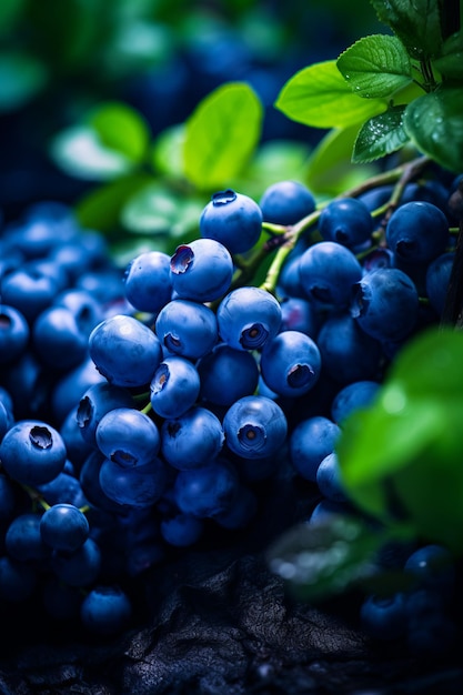 Un grappin de bleuets est sur une branche avec des feuilles IA générative