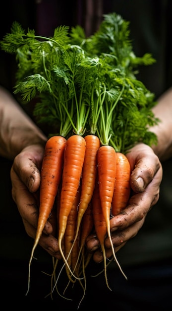 un grappin de carottes dans une main des carottes dans la main un grappil de carottes