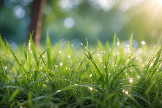 Grasson vert en gros plan avec un fond de lumière du soleil flou de rosée