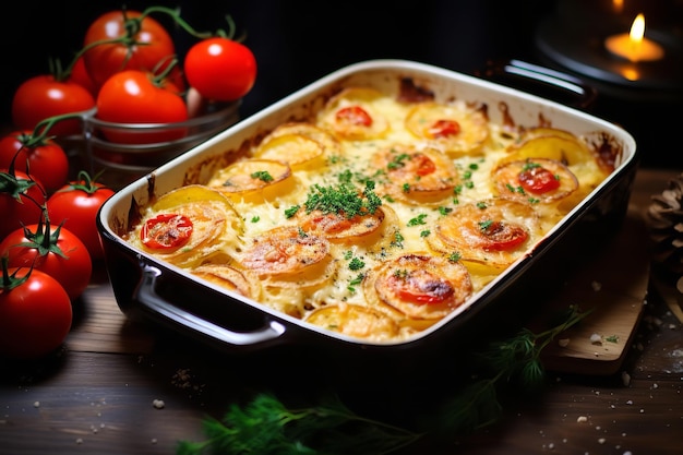 Gratin de pommes de terre et de tomates avec du raifort pour le dîner de Noël