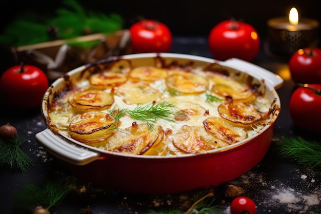 Gratin de pommes de terre et de tomates avec du raifort pour le dîner de Noël