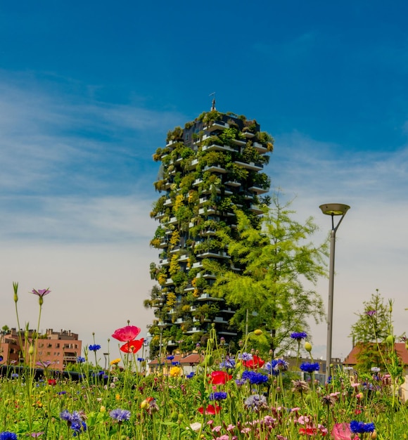 Gratte-ciel avec bois sur les terrasses