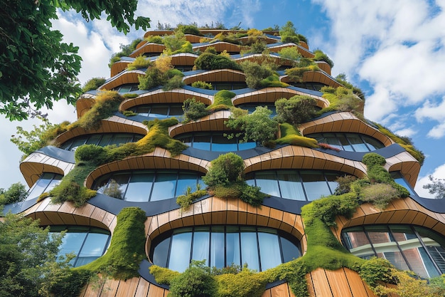 Un gratte-ciel couvert de plantes créant une façade verte dans la conception urbaine