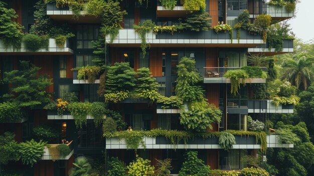 Un gratte-ciel couvert de verdure avec des balcons un chef-d'œuvre de design urbain AIG41