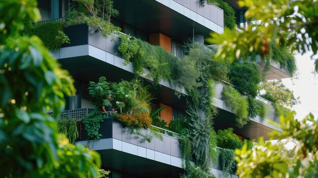 Un gratte-ciel couvert de verdure avec des balcons un chef-d'œuvre de design urbain AIG41