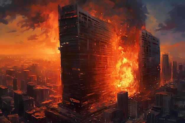 Un gratte-ciel en feu, arrière-plan moderne
