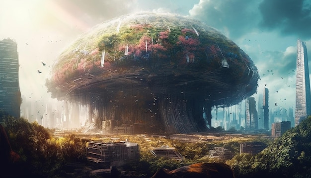 Un gratte-ciel futuriste illumine le ciel nocturne avec une architecture et une nature fantastiques générées par l'IA