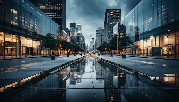 Photo des gratte-ciel futuristes éclairent le célèbre quartier financier de la ville la nuit générés par l'ia