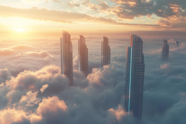 Des gratte-ciel futuristes perçant les nuages octane