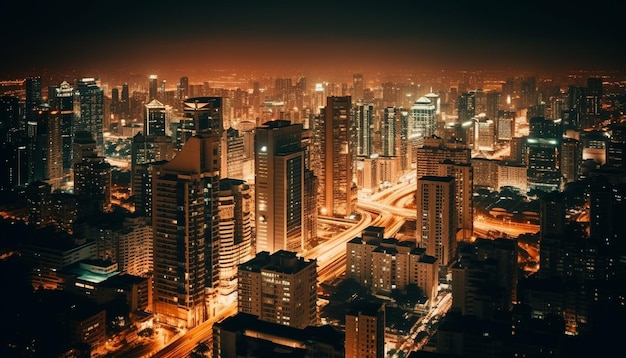 Des gratte-ciel lumineux illuminent l'horizon de la ville moderne généré par l'IA