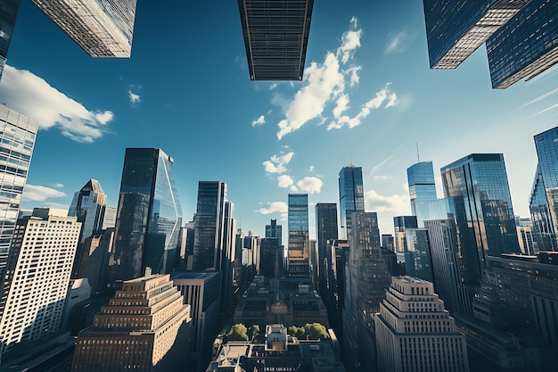 Les gratte-ciel de Manhattan à New York et la vue de la rue avec le ciel bleu