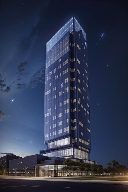 Gratte-ciel moderne avec une façade en verre et des fenêtres éclairées se dressant contre un ciel étoilé