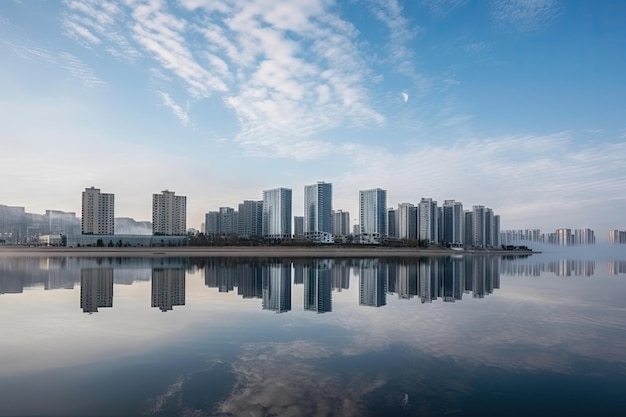 Gratte-ciel moderne avec reflet dans l'eau entouré de toits de la ville créé avec ai générative