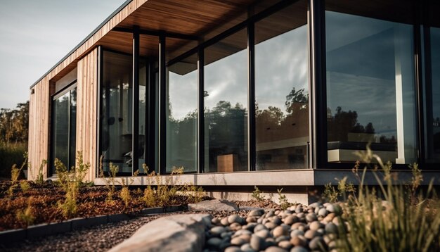 Le gratte-ciel moderne reflète le paysage vert naturel à travers une façade en verre générée par l'intelligence artificielle