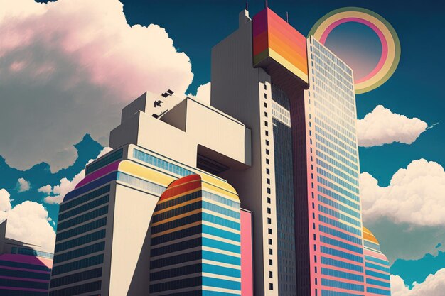 Photo gratte-ciel moderniste s'élevant au-dessus du paysage urbain animé