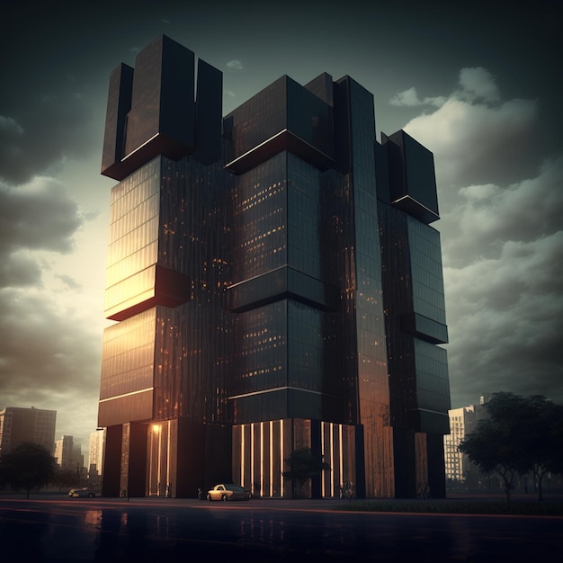 Gratte-ciel sombre façade de bâtiment lumières de la ville réflexion sur verre AI générative