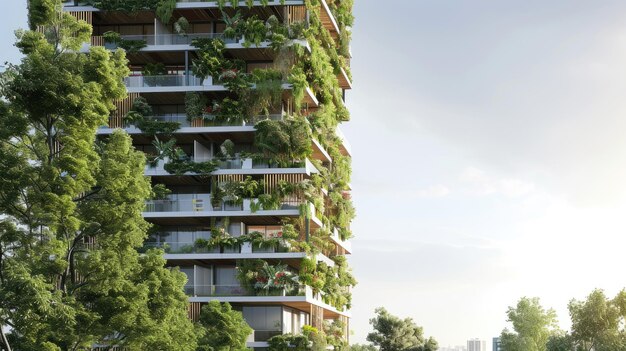 Gratte-ciel urbain avec des balcons de façade luxuriants et de la verdure aig