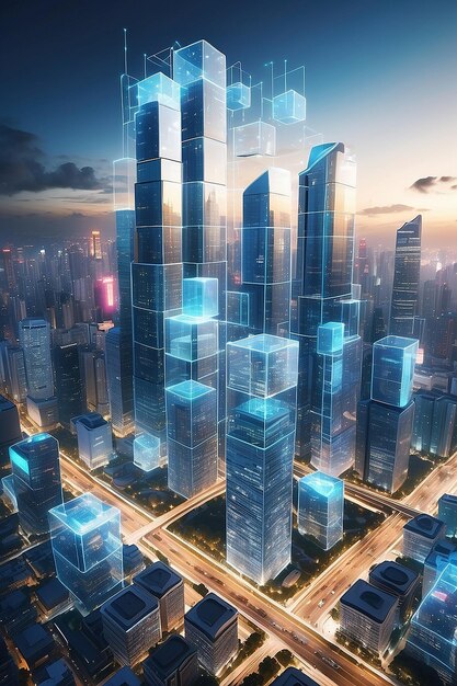 Gratte-ciel de la ville de Singapour vue panoramique du centre-ville Interface numérique avec connexion en ligne avec des cubes au premier plan Concept de négociation dans les mégapoles modernes