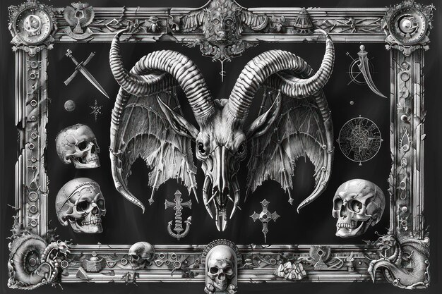 Photo une gravure détaillée de baphomet entourée d'artefacts mystiques et de symboles d'alchimie