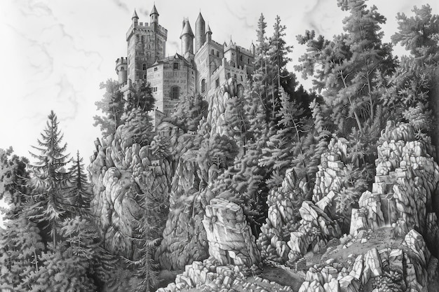 Une gravure détaillée d'un château médiéval perché sur une montagne entourée de la beauté de la nature