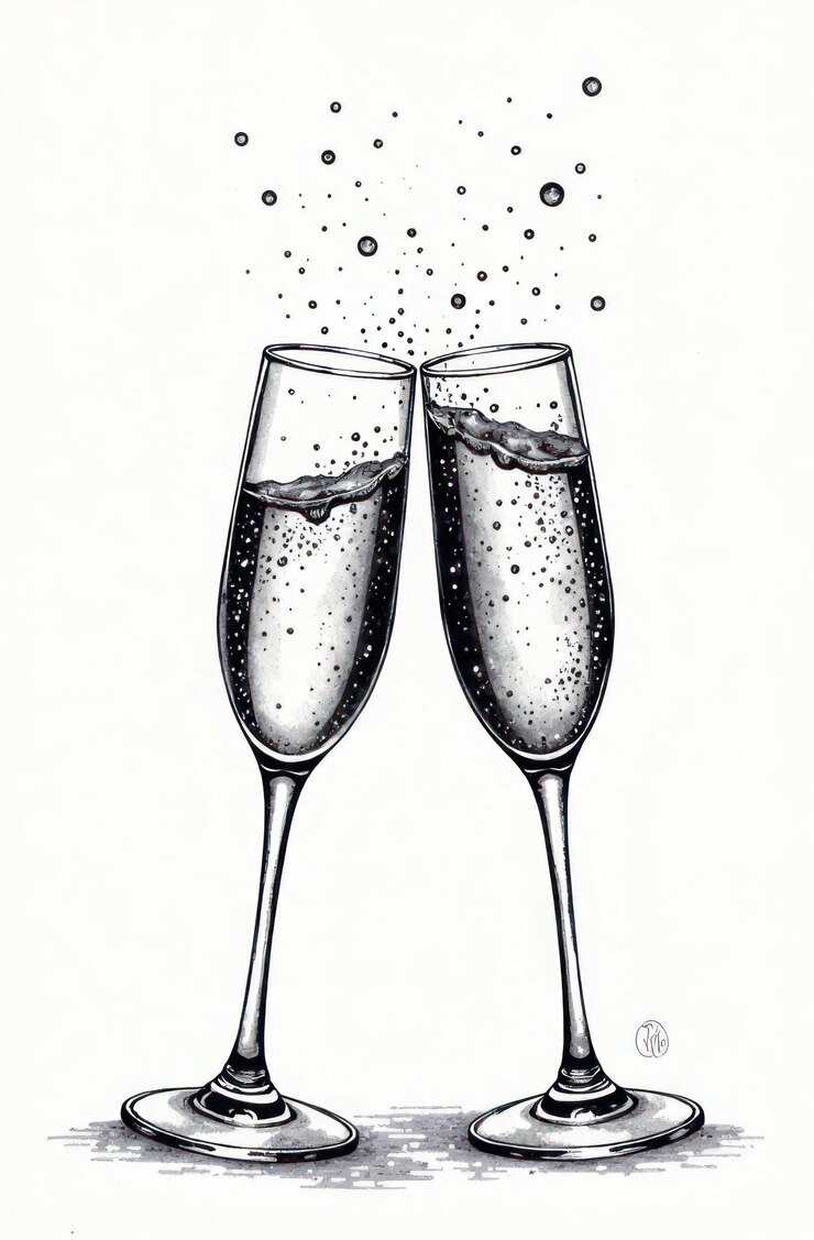 gravure vintage de verres de champagne sonnant avec des bulles pour le toast de célébration de mariage