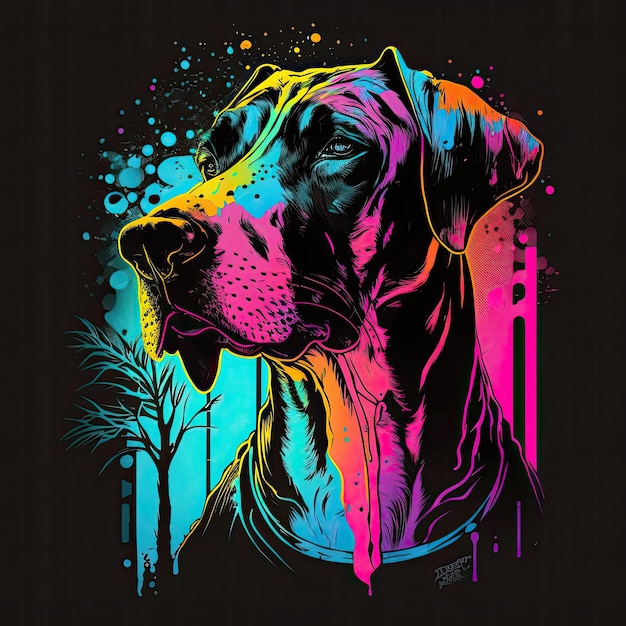 Great Dane Dog 80s Synthwave Détaillé TShirt Vector Art avec des couleurs vives AI générative