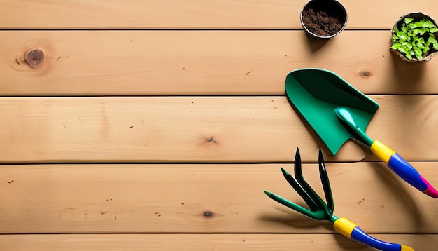 Green Thumb Essentials Vue de dessus des outils de jardinage sur le sol en bois Préparez-vous à cultiver