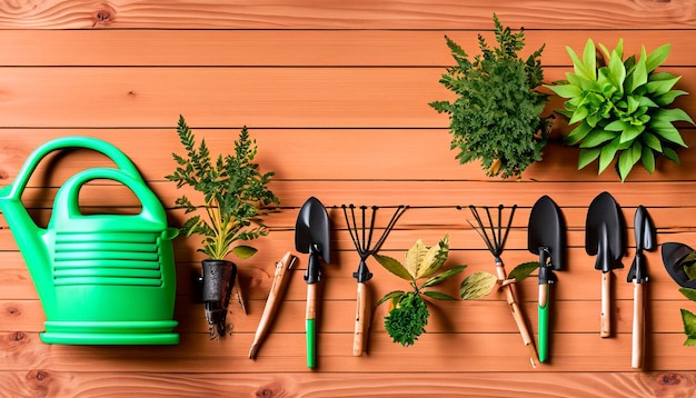 Green Thumb Essentials Vue de dessus des outils de jardinage sur le sol en bois Préparez-vous à cultiver