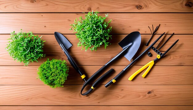 Green Thumb Essentials Vue de dessus des outils de jardinage sur le sol en bois Préparez-vous à cultiver