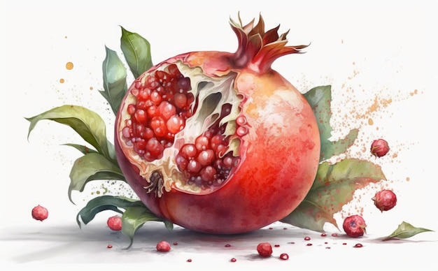 Une grenade dessinée sur fond blanc illustrations d'aliments biologiques de fruits aquarelle générés par ai