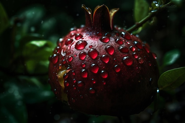 Une grenade rouge avec des gouttelettes d'eau dessus